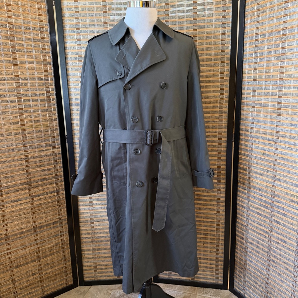 London Fog Trench Coat Mens 40 Long Gray Double Breasted Belted Overcoat Vintage